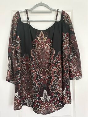 Off-Shoulder Paisley Print Blouse in Black and Burgundy